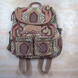Hayden Harnett Brooklyn NYC Backpack Bag Geometric Pattern Canvas/ Leather